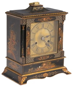 ENGLISH JAPANNED / BLACK LACQUER CHINOISERIE CARRIAGE CLOCK