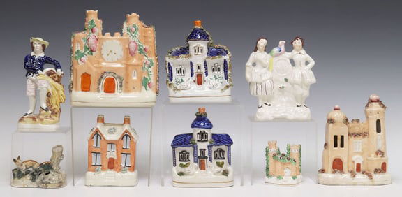 (9) ENGLISH STAFFORDSHIRE PEARLWARE BURNERS, SPILL VASES & FIGURES