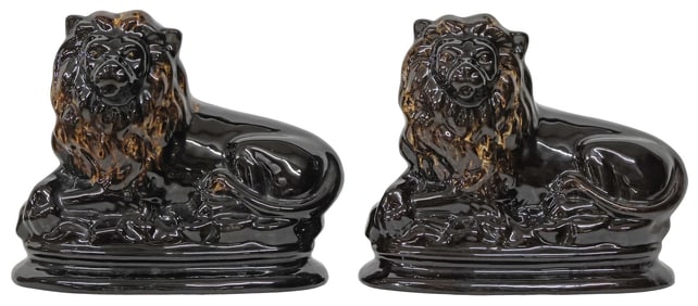 (2) ENGLISH STAFFORDSHIRE JACKFIELD GLAZE RECUMBENT LION FIGURES