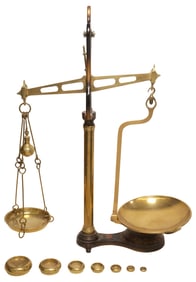 LARGE ENGLISH CAST IRON & BRASS BALANCE SCALES WITH WEIGHTS