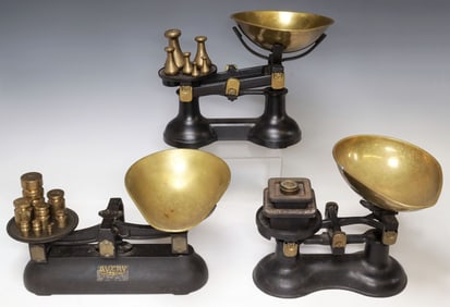 (3) ENGLISH CAST IRON KITCHEN SCALES WITH WEIGHTS