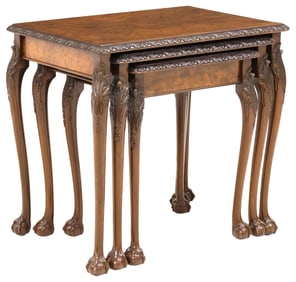 (3) ENGLISH CHIPPENDALE STYLE CARVED BURL WALNUT NESTING TABLES