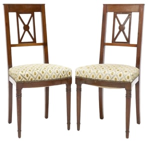 (2) NEOCLASSICAL STYLE UPHOLSTERED WALNUT SIDE CHAIRS