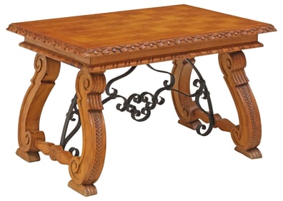 BAROQUE STYLE OAK PARQUETRY-TOP TRESTLE COFFEE TABLE