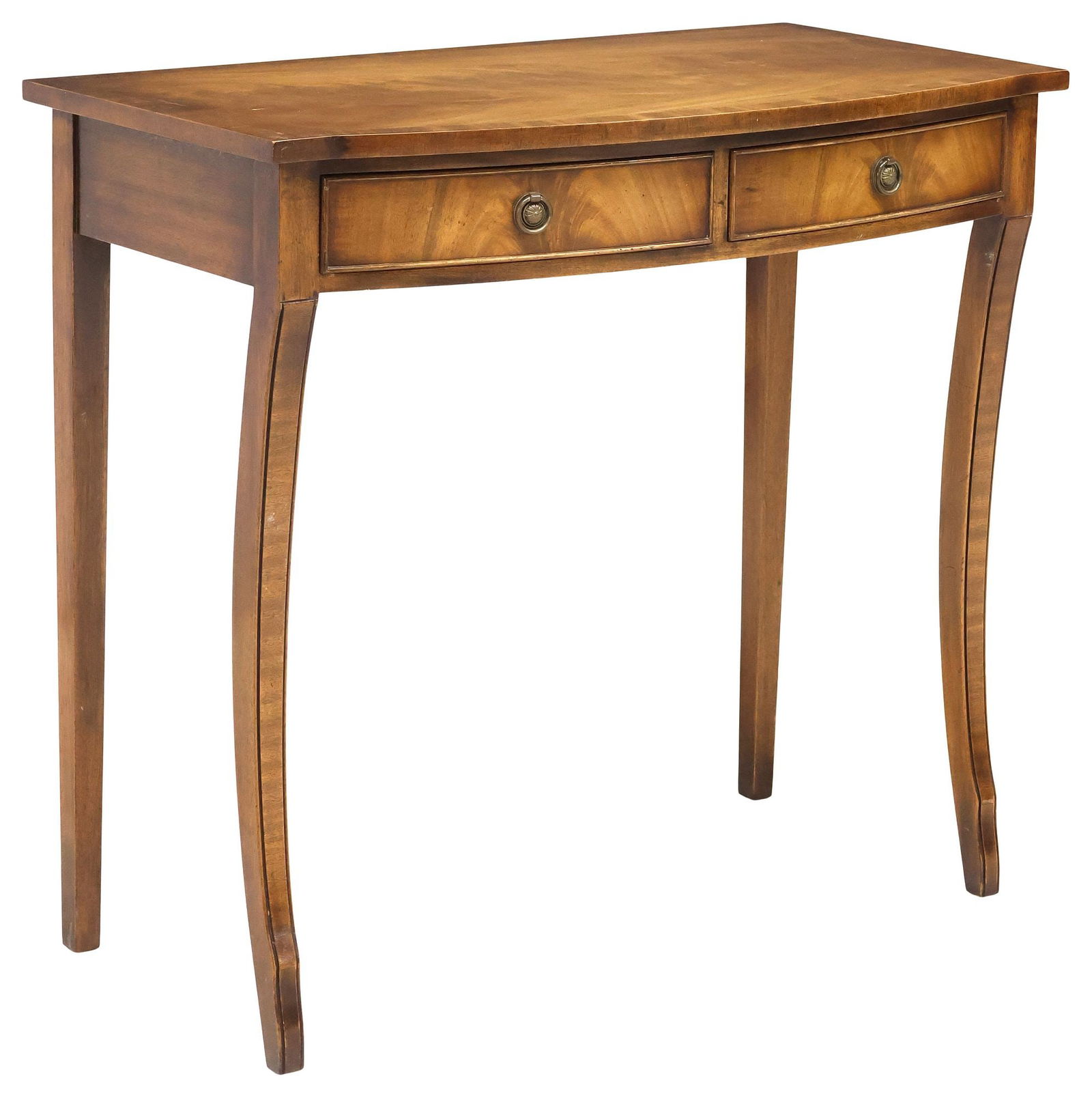 REGENCY STYLE CROSSBANDED MAHOGANY CONSOLE TABLE: Regency style mahogany console table, Siesta, N.H. Chapman & Co. Ltd., 20th c., crossbanded top, two frieze drawers, on sabre front legs, tapering square-section back legs, approx 30.5"h, 33.