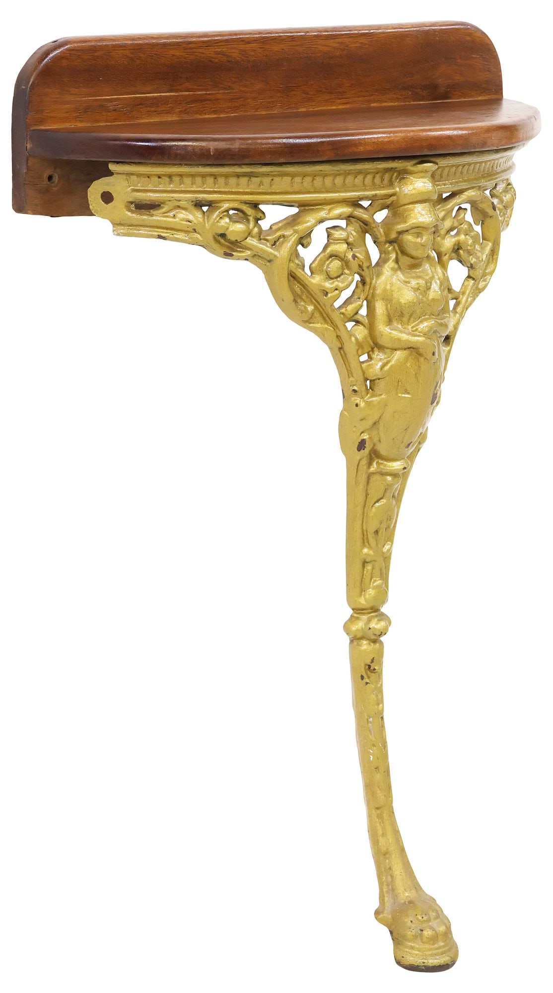 ENGLISH MAHOGANY & CAST IRON WALL BRACKET: English mahogany wall bracket/ console table, 20th c., demilune mahogany top, cast iron base in a gold-painted finish, monopodium support headed by a figure of Britannia, approx 32.5"h, 22"w