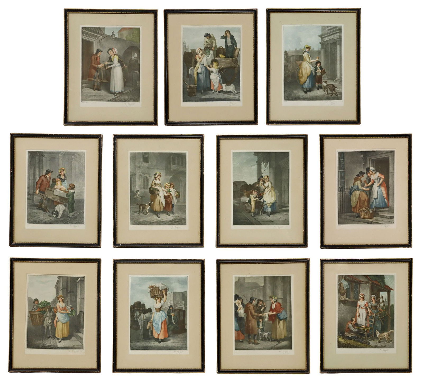 (11) AFTER FRANCIS WHEATLEY 'CRIES OF LONDON' COLOR PRINTS: (lot of 11) Framed mezzotints in colors on paper, after Francis Wheatley RA (English, 1747-1801), from the series "Cries of London," signed F. Petitjean (Francois Petitjean, French, 20th c.)