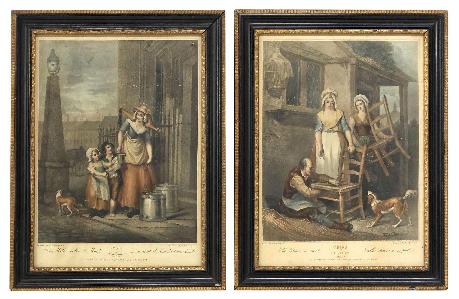 (2) AFTER FRANCIS WHEATLEY 'CRIES OF LONDON' STIPPLE ENGRAVINGS: (lot of 2) Framed stipple engravings on paper, after Francis Wheatley RA (English, 1747-1801), from the series "Cries of London," in Hogarth-style frames, including: (1) "Milk below Mai