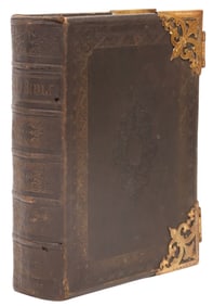 ANTIQUE ENGLISH LEATHER & BRASS BOUND HOLY BIBLE