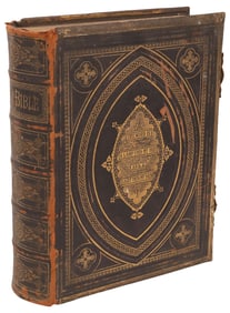 ANTIQUE ENGLISH LEATHER & BRASS BOUND HOLY BIBLE