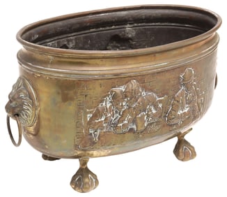 ENGLISH BRASS REPOUSSE TAVERN SCENES FOOTED PLANTER / JARDINIERE