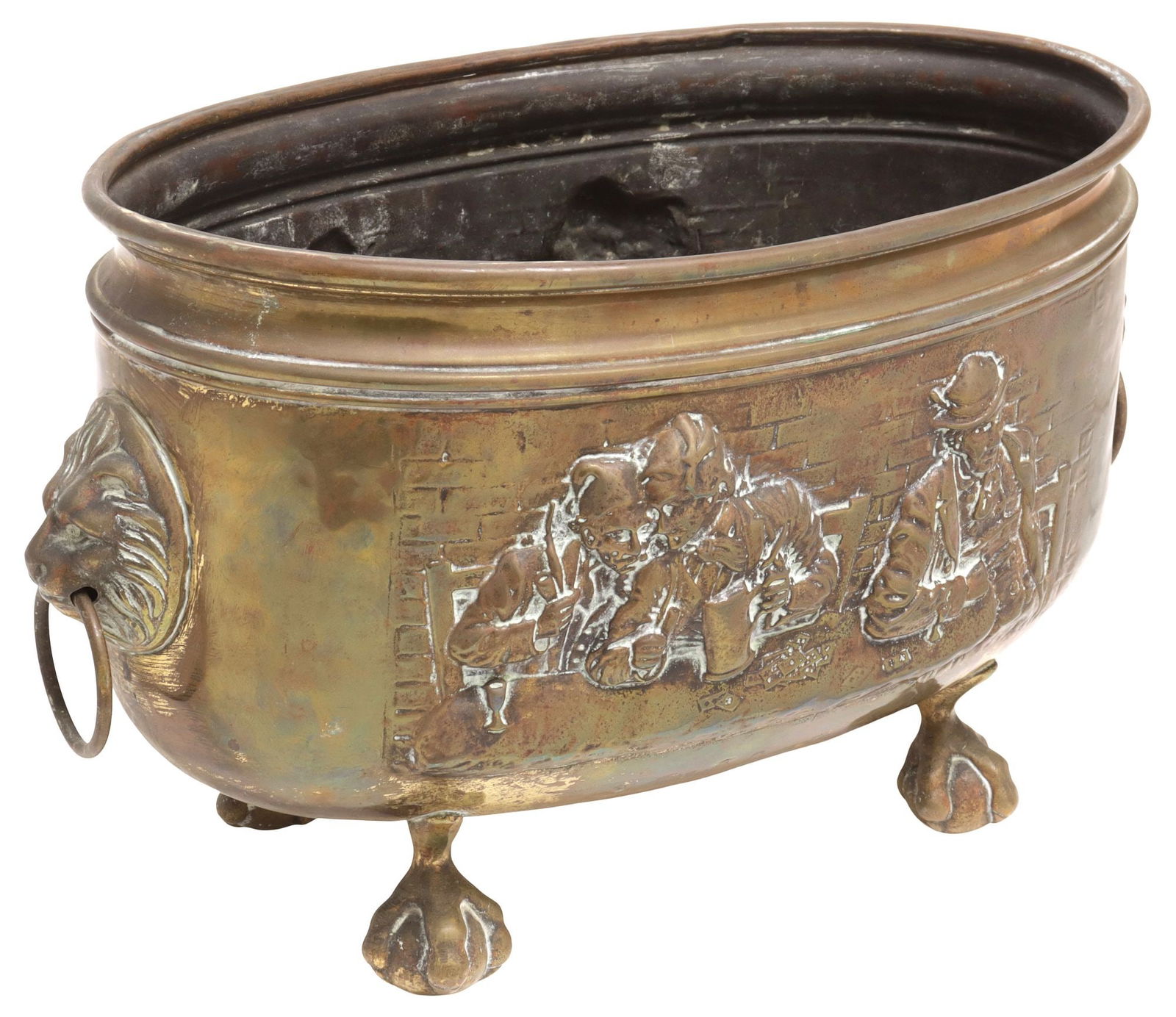 ENGLISH BRASS REPOUSSE TAVERN SCENES FOOTED PLANTER / JARDINIERE (1 of 4)
