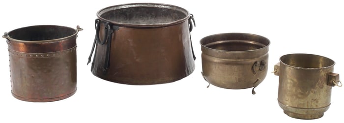(4) COPPER & BRASS JARDINIERES, FUEL BUCKET