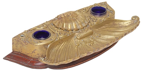 ROCOCO STYLE BRASS SHELL DOUBLE-INKWELL DESK STAND