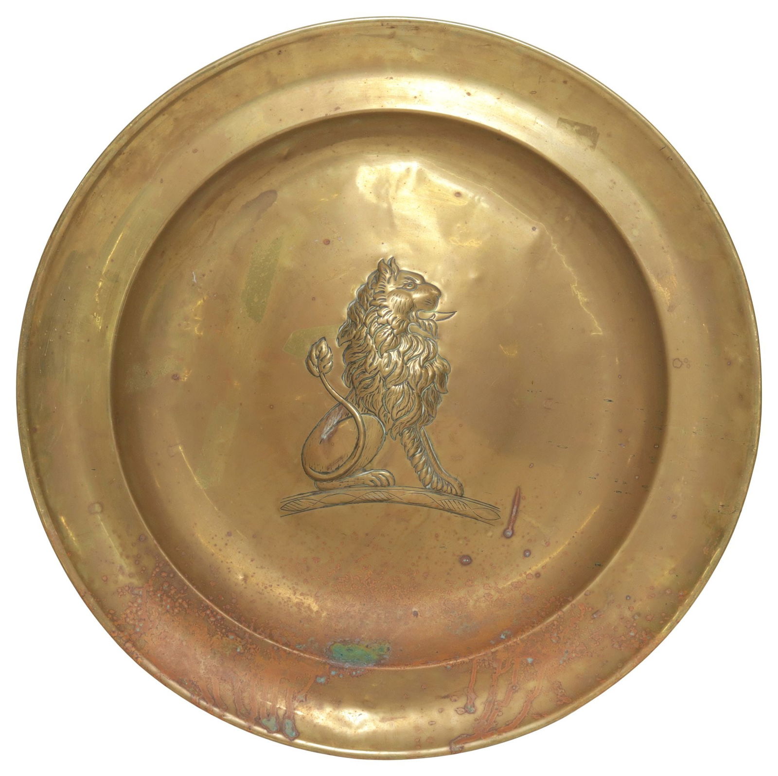 LARGE NUREMBERG STYLE BRASS REPOUSSE LION ALMS DISH, 24"DIAM (1 of 2)