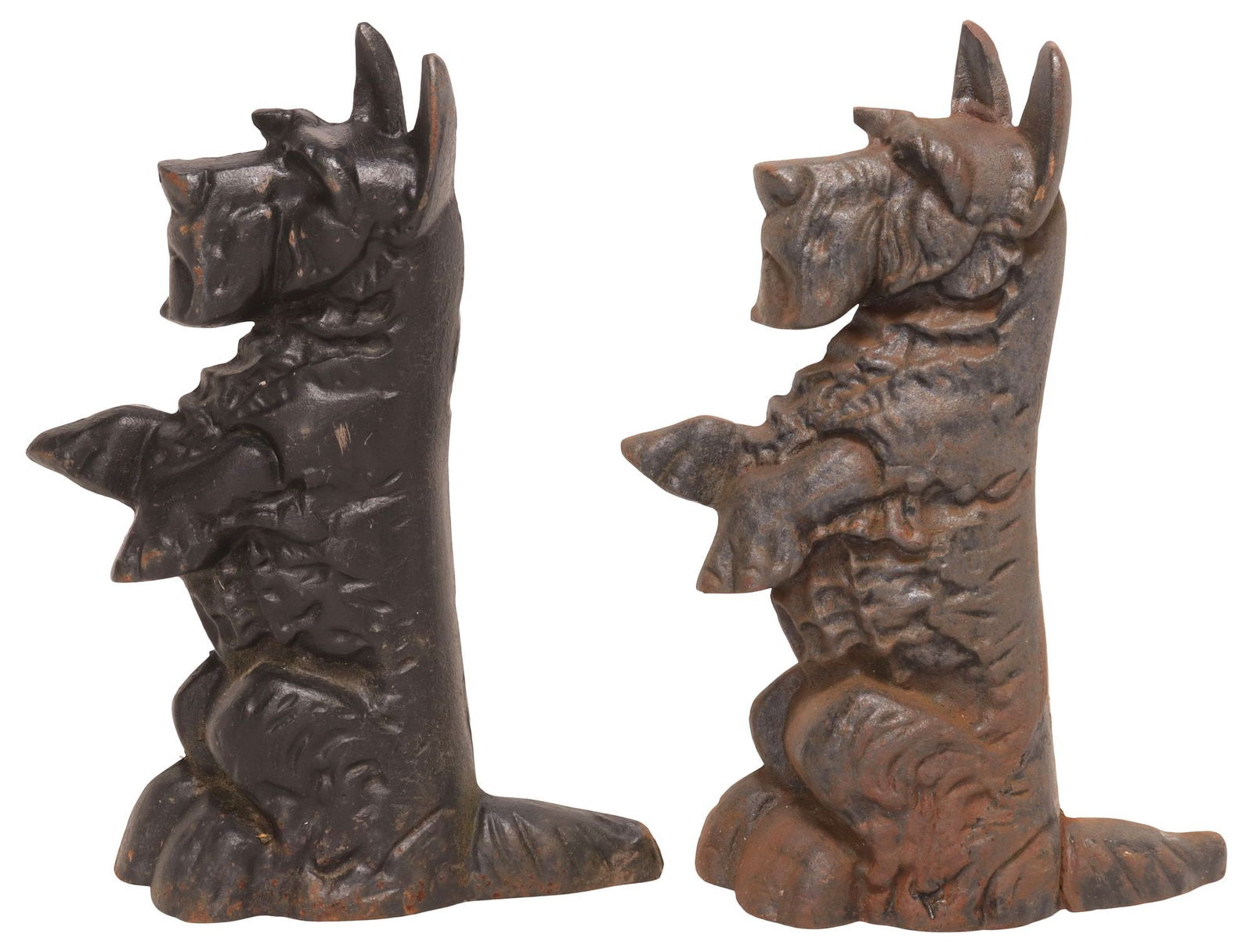 (2) ENGLISH CAST IRON SCOTTISH TERRIER FIGURAL DOORSTOPS: (pair) English cast iron doorstops, early 20th c., each modeled as a Scotty dog on hind legs, approx 14.5"h, 9.5"w, 4"d, 16.25lbs total