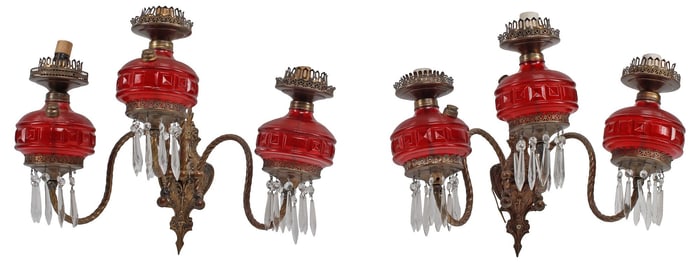(2) VICTORIAN BRASS & GLASS OIL FONT 3-LIGHT WALL SCONCES