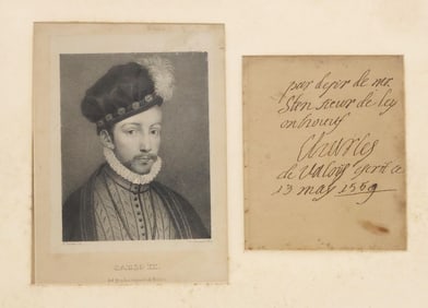 FRAMED PRINT & INK INSCRIPTION, 'PORTRAIT OF CHARLES IX' AFTER FRANCOIS CLOUET