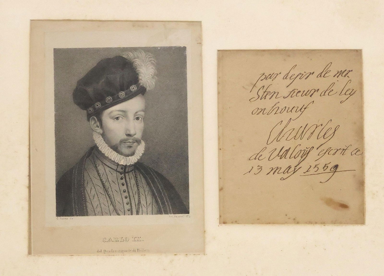 FRAMED PRINT & INK INSCRIPTION, 'PORTRAIT OF CHARLES IX' AFTER FRANCOIS CLOUET: Print and inscription housed in a single frame, comprising: (one) lithograph on paper, "Carlo IX (Portrait of King Charles IX)," after the painting by Francois Clouet (French, c.1515-1572), originally