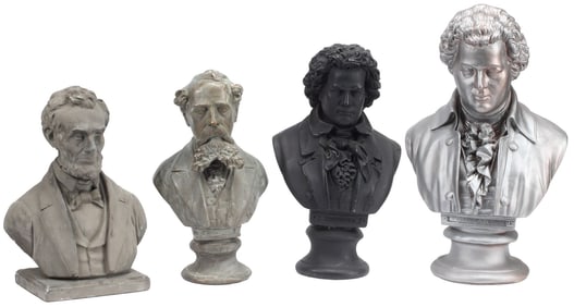 (4) DECORATIVE CAST BUSTS LINCOLN, DICKENS, BEETHOVEN & MOZART