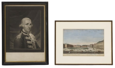 (2) RICHARD EARLOM (D.1822) PORTRAIT & THOMAS BOWLES (D.1767) LANDSCAPE ENGRAVINGS