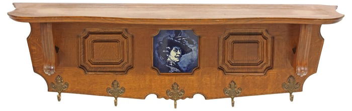 ENGLISH CARVED OAK DELFT REMBRANDT PORTRAIT COAT / HAT RACK