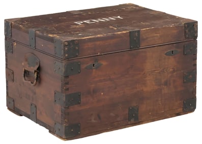 ENGLISH IRON-BOUND PINE SILVER CHEST/ STORAGE TRUNK