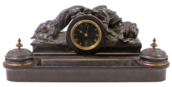 FRENCH NAPOLEON III BRONZE & SLATE LIONS DESK STAND WITH CLOCK