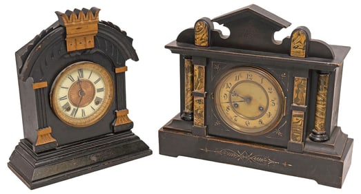 (2) JUNGHANS & ANSONIA EBONIZED WOOD MANTEL CLOCKS