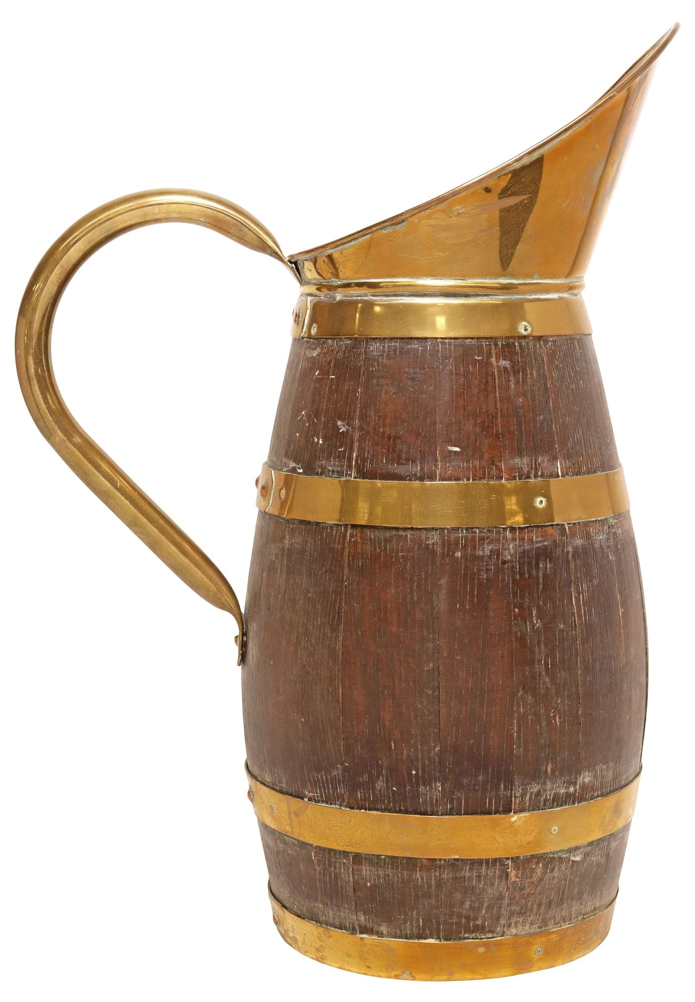 ENGLISH BRASS-BOUND COOPERED OAK CIDER / WINE JUG: English brass-bound coopered oak cider or wine jug, early 20th c., having brass spout and handle, bulbous staved body, approx 21"h, 16"w, 9"d, 7.25lbs