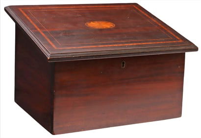 ENGLISH MAHOGANY & MARQUETRY SLANT-LID TABLE BOX