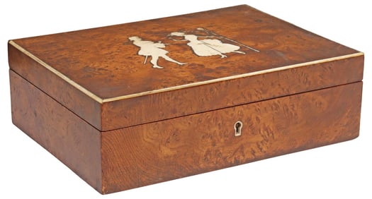 ENGLISH VICTORIAN BONE-INLAID BURL WALNUT TABLE BOX