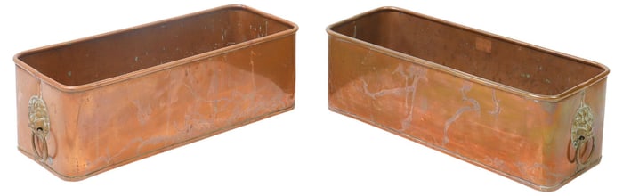 (2) ENGLISH RECTANGULAR COPPER LION MASK PLANTERS / JARDINIERES