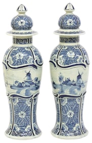 (2) ROYAL DELFT BLUE & WHITE COVERED GARNITURE VASES