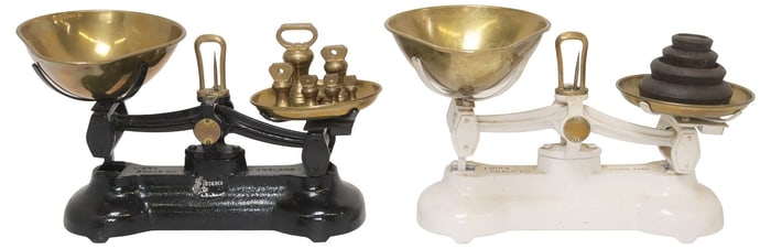 (2) ENGLISH LIBRA COMPANY CAST IRON KITCHEN SCALES WITH WEIGHTS