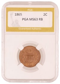 U.S. 1865 TWO CENT PIECE COIN, PGA MS63 RB