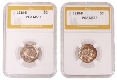 (2) U.S. 1938-D BUFFALO NICKELS, PFA MS-67