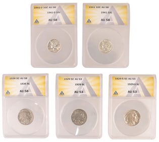 (5) U.S. BUFFALO NICKELS & MERCURY DIMES, EACH ANACS AU GRADED