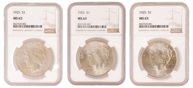 (3) U.S.  1925 PEACE SILVER DOLLARS, EACH NGC MS-63