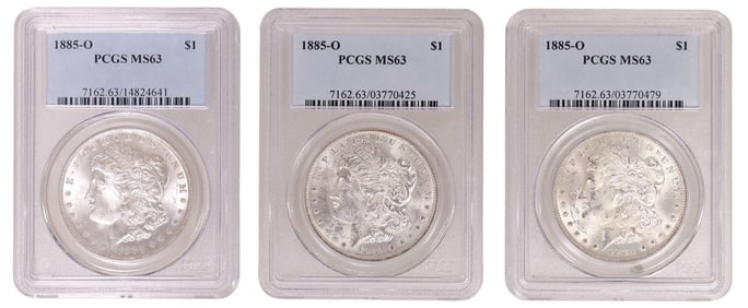 (3) U.S. MORGAN 1885-O SILVER DOLLARS, EACH PCGS MS-673