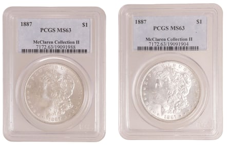 (2) U.S. MORGAN 1887 SILVER DOLLARS, PCGS MS-63