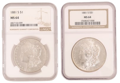 (2) U.S. MORGAN 1881 SILVER DOLLARS, NGC MS=-64