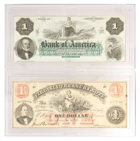 (2) OBSOLETE $1 CURRENCY, 1862 VIRGINIA & R.I. BANK OF AMERICA  UNISSUED