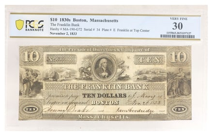 OBSOLETE CURRENCY, $10 THE FRANKLIN BANK, 1833, PCGS VERY FINE 30