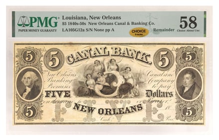 OBSOLETE CURRENCY, CANAL BANK, 1840s-50s, PMG CHOICE ABOUT UNC 58