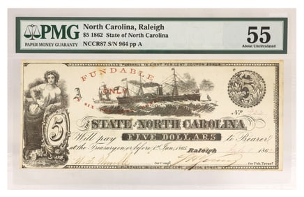 OBSOLETE CURRENCY, $5 STATE OF NORTH CAROLINA, 1862, PMG 55