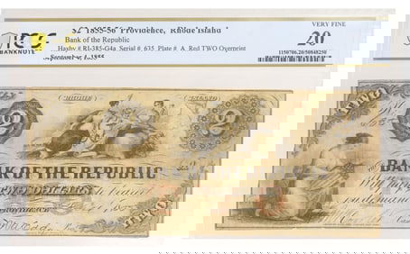 OBSOLETE CURRENCY, $2 BANK OF THE REPUBLIC, 1855, PCGS 20 VERY FINE