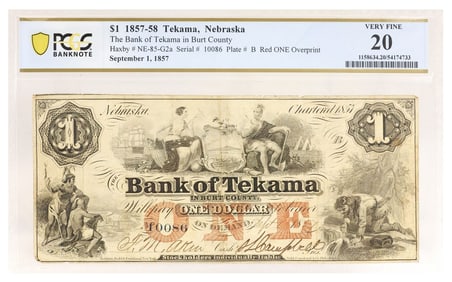 OBSOLETE CURRENCY, $1, BANK OF TEKAMA, 1857, PCGS 20 VERY FINE