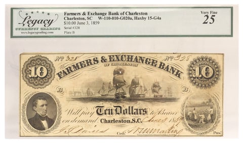 OBSOLETE CURRENCY, $10 FARMERS & EXCHANGE BANK, 1859, GRADE VERY FINE