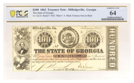 OBSOLETE CURRENCY, $100 GEORGIA 1863, PCGS CHOICE UNC 64